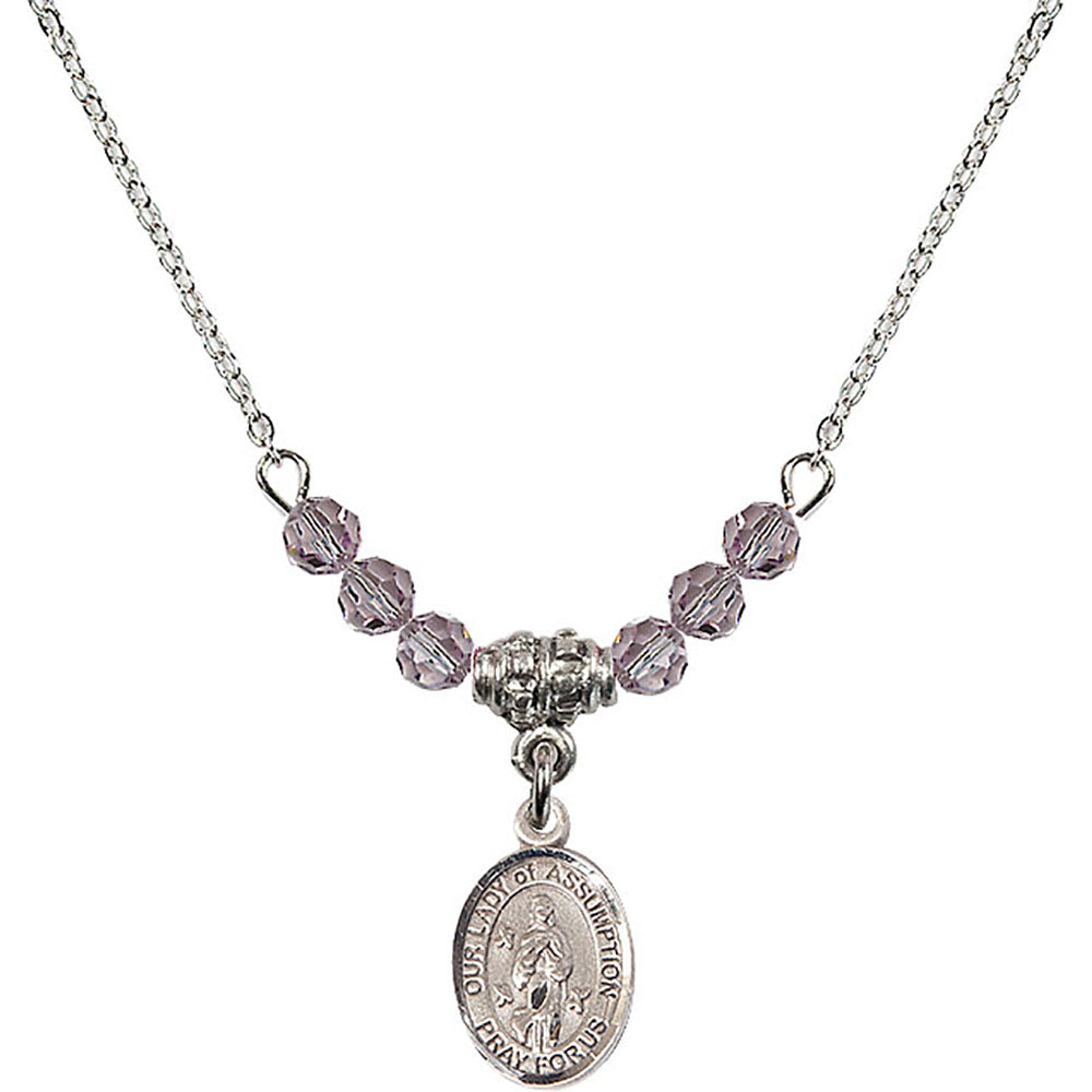 Sterling Silver Our Lady of Assumption Birthstone Necklace with Light Amethyst Beads - 9388