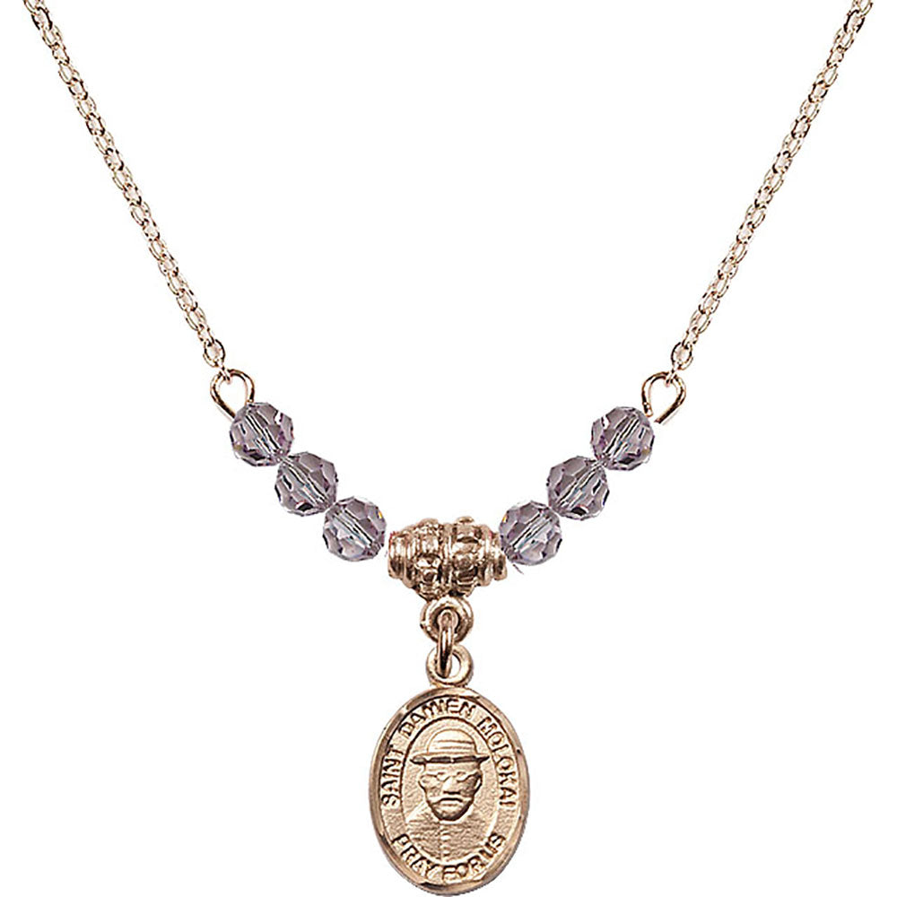 14kt Gold Filled Saint Damien of Molokai Birthstone Necklace with Light Amethyst Beads - 9412