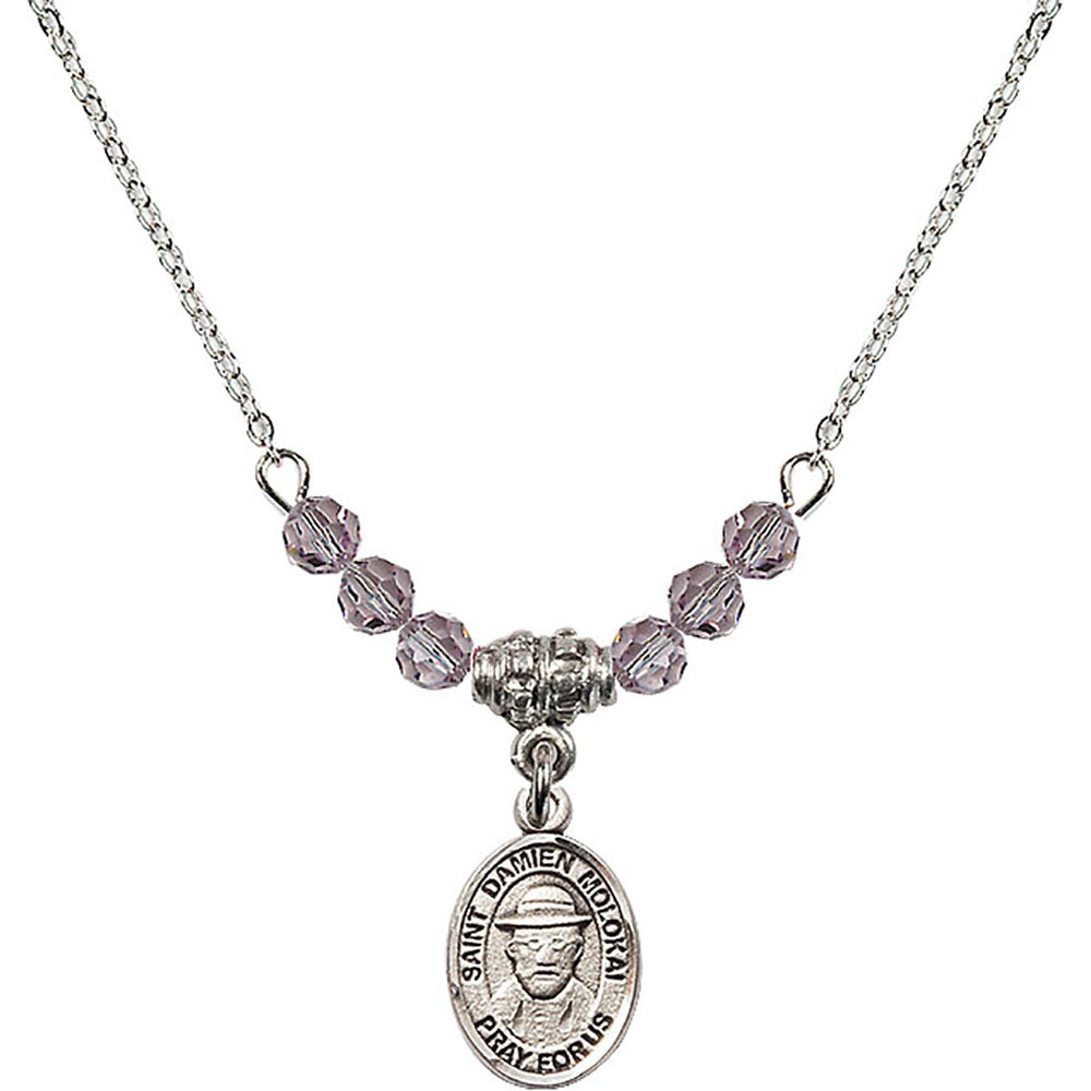 Sterling Silver Saint Damien of Molokai Birthstone Necklace with Light Amethyst Beads - 9412