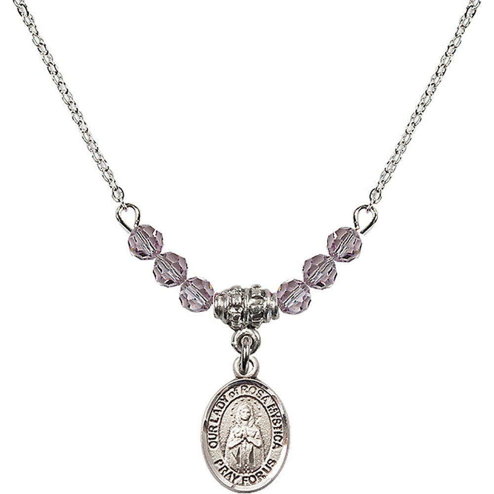Sterling Silver Our Lady of Rosa Mystica Birthstone Necklace with Light Amethyst Beads - 9413