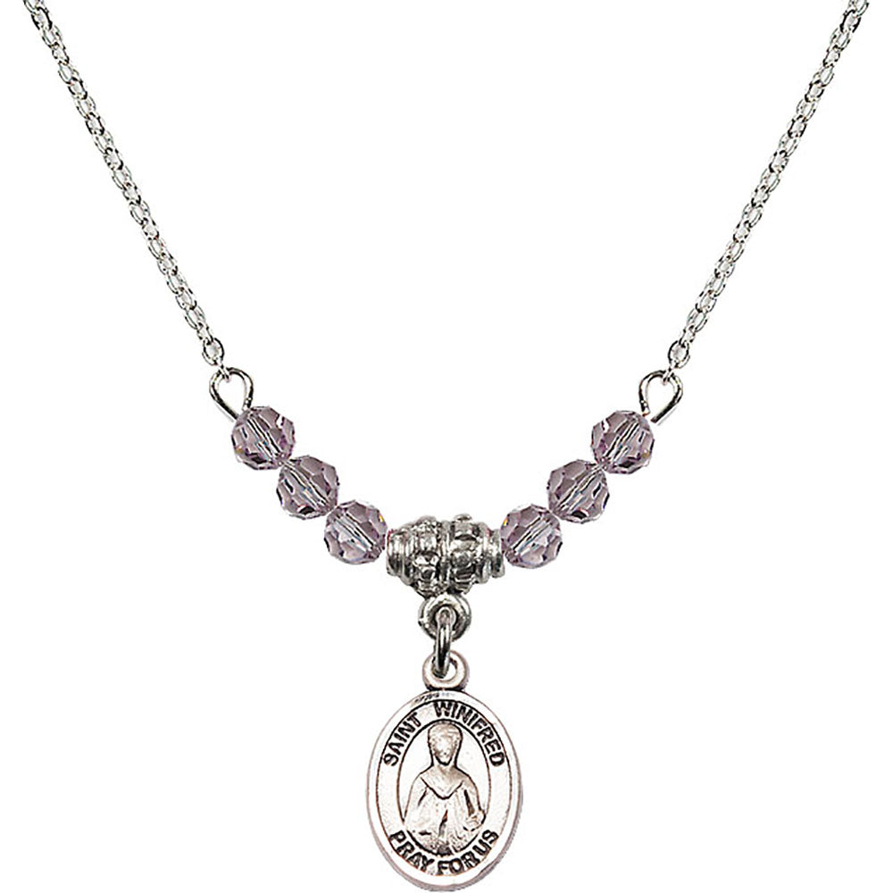Sterling Silver Saint Winifred of Wales Birthstone Necklace with Light Amethyst Beads - 9419