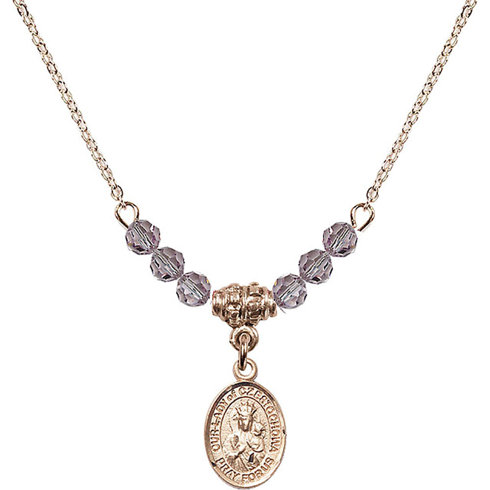 14kt Gold Filled Our Lady of Czestochowa Birthstone Necklace with Light Amethyst Beads - 9421