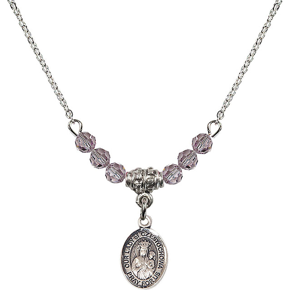 Sterling Silver Our Lady of Czestochowa Birthstone Necklace with Light Amethyst Beads - 9421