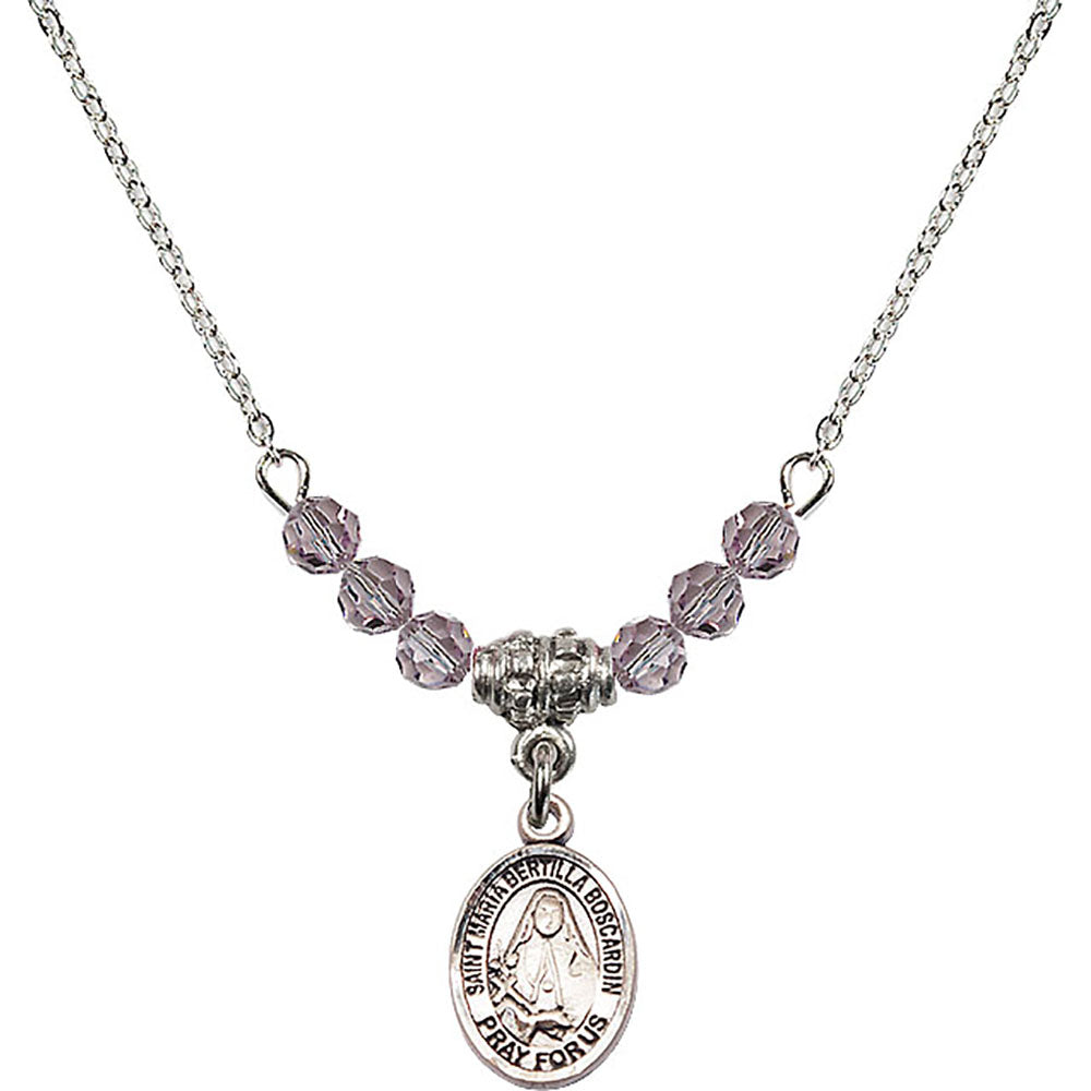 Sterling Silver Saint Maria Bertilla Boscardin Birthstone Necklace with Light Amethyst Beads - 9428