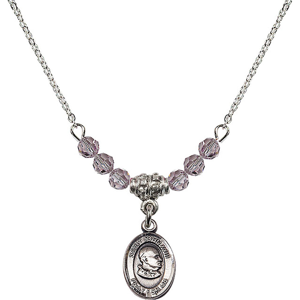 Sterling Silver Saint John XXIII Birthstone Necklace with Light Amethyst Beads - 9455