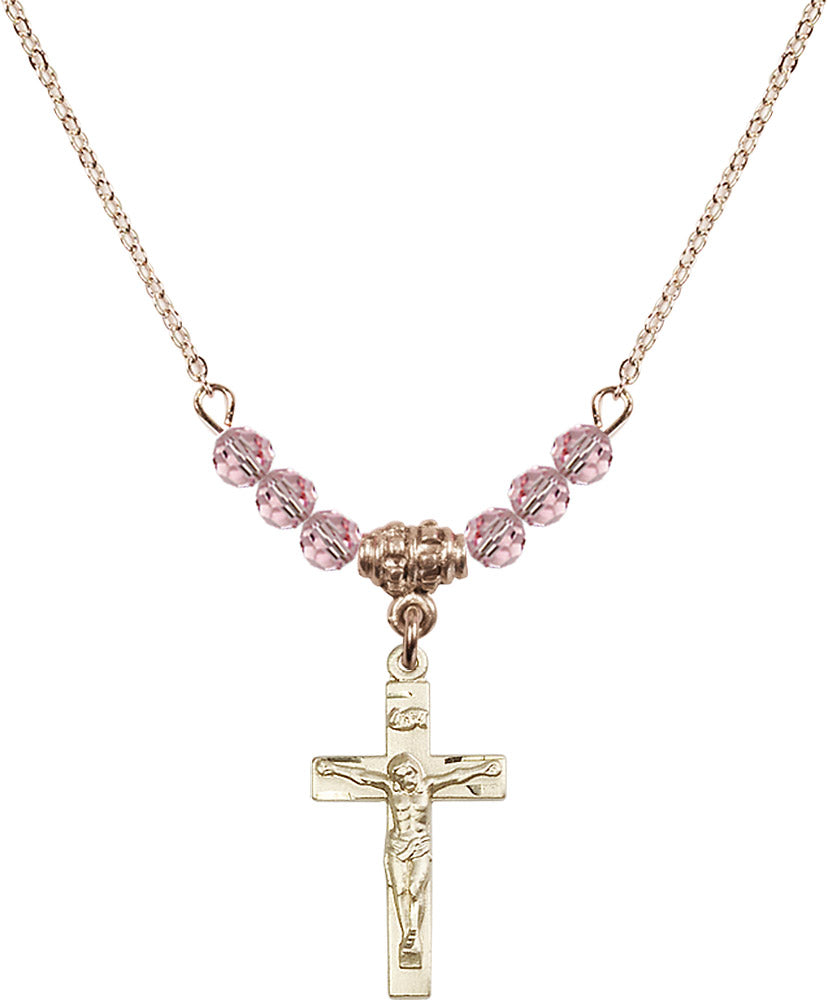 14kt Gold Filled Crucifix Birthstone Necklace with Light Rose Beads - 0001