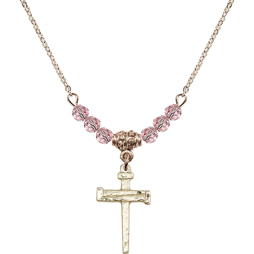 14kt Gold Filled Nail Cross Birthstone Necklace with Light Rose Beads - 0012