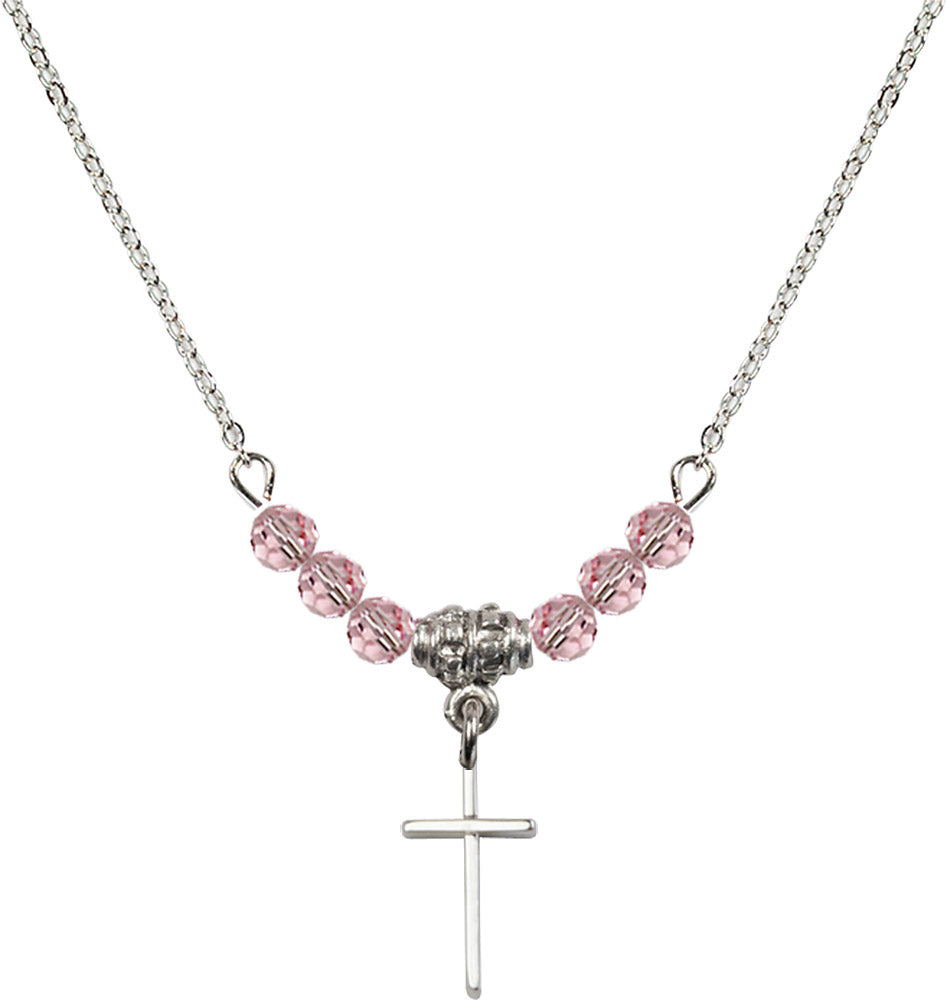 Sterling Silver Cross Birthstone Necklace with Light Rose Beads - 0014