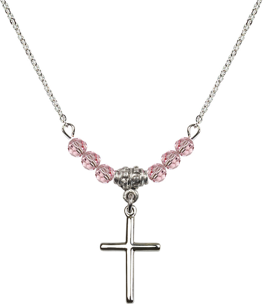 Sterling Silver Cross Birthstone Necklace with Light Rose Beads - 0017
