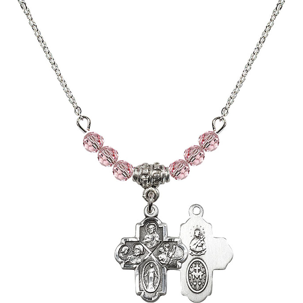 Sterling Silver 4-Way Birthstone Necklace with Light Rose Beads - 0047
