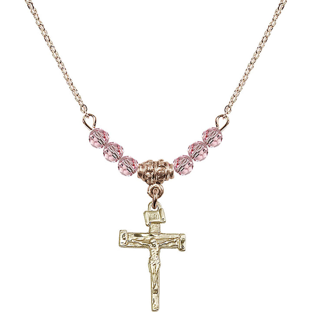 14kt Gold Filled Nail Crucifix Birthstone Necklace with Light Rose Beads - 0072
