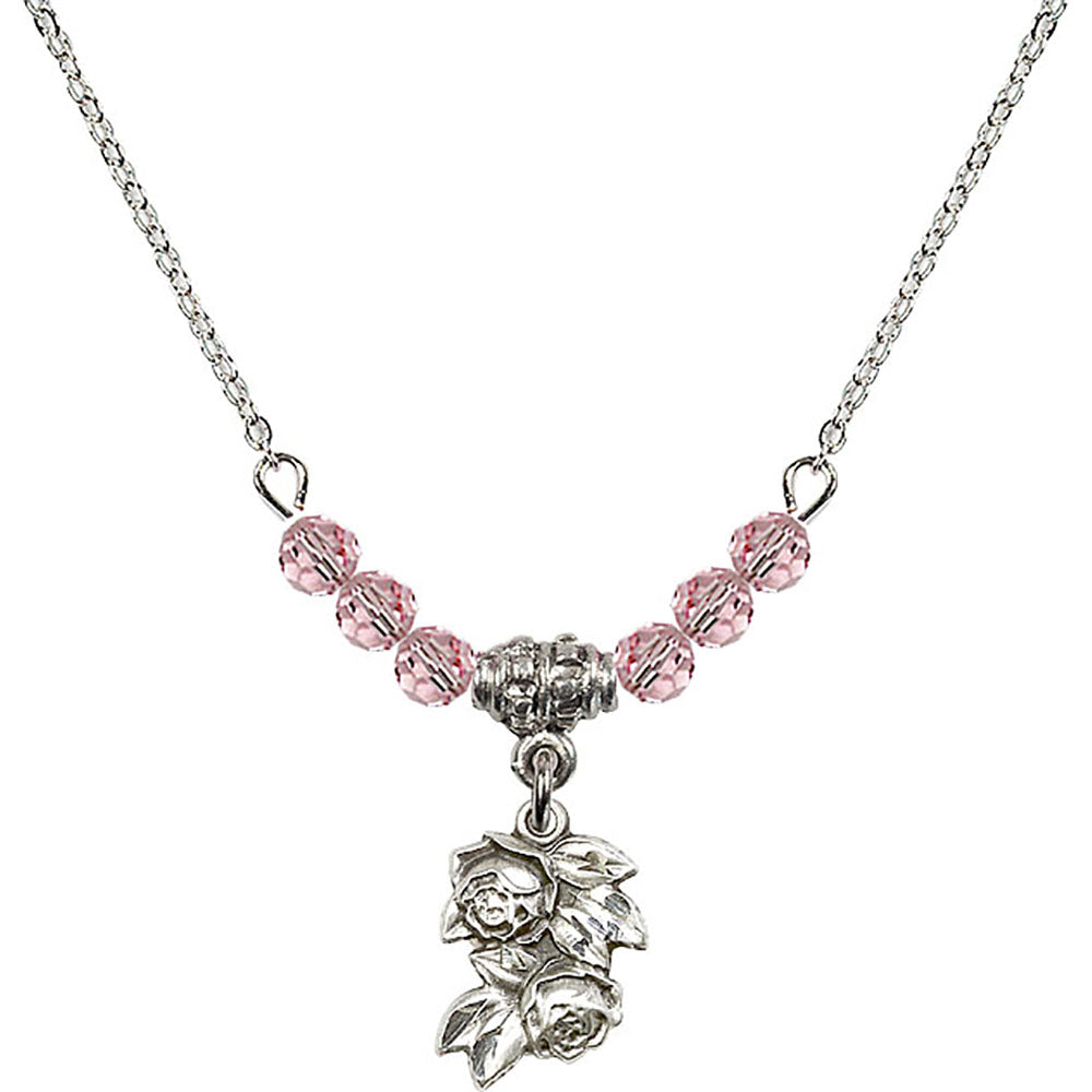 Sterling Silver Rose Birthstone Necklace with Light Rose Beads - 0204