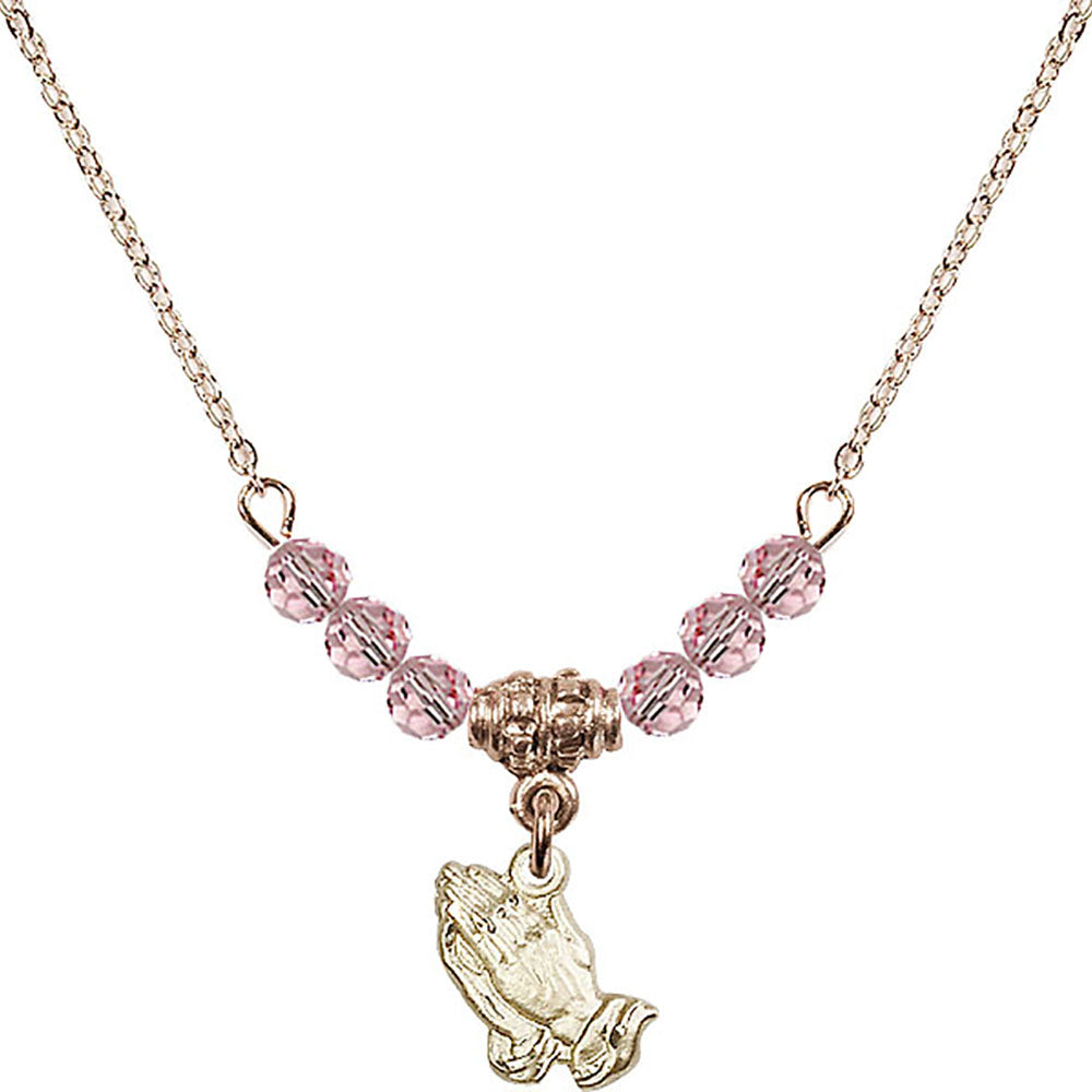 14kt Gold Filled Praying Hands Birthstone Necklace with Light Rose Beads - 0220