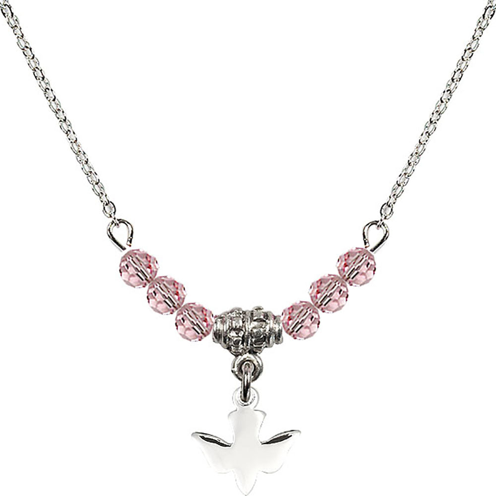 Sterling Silver Holy Spirit Birthstone Necklace with Light Rose Beads - 0225