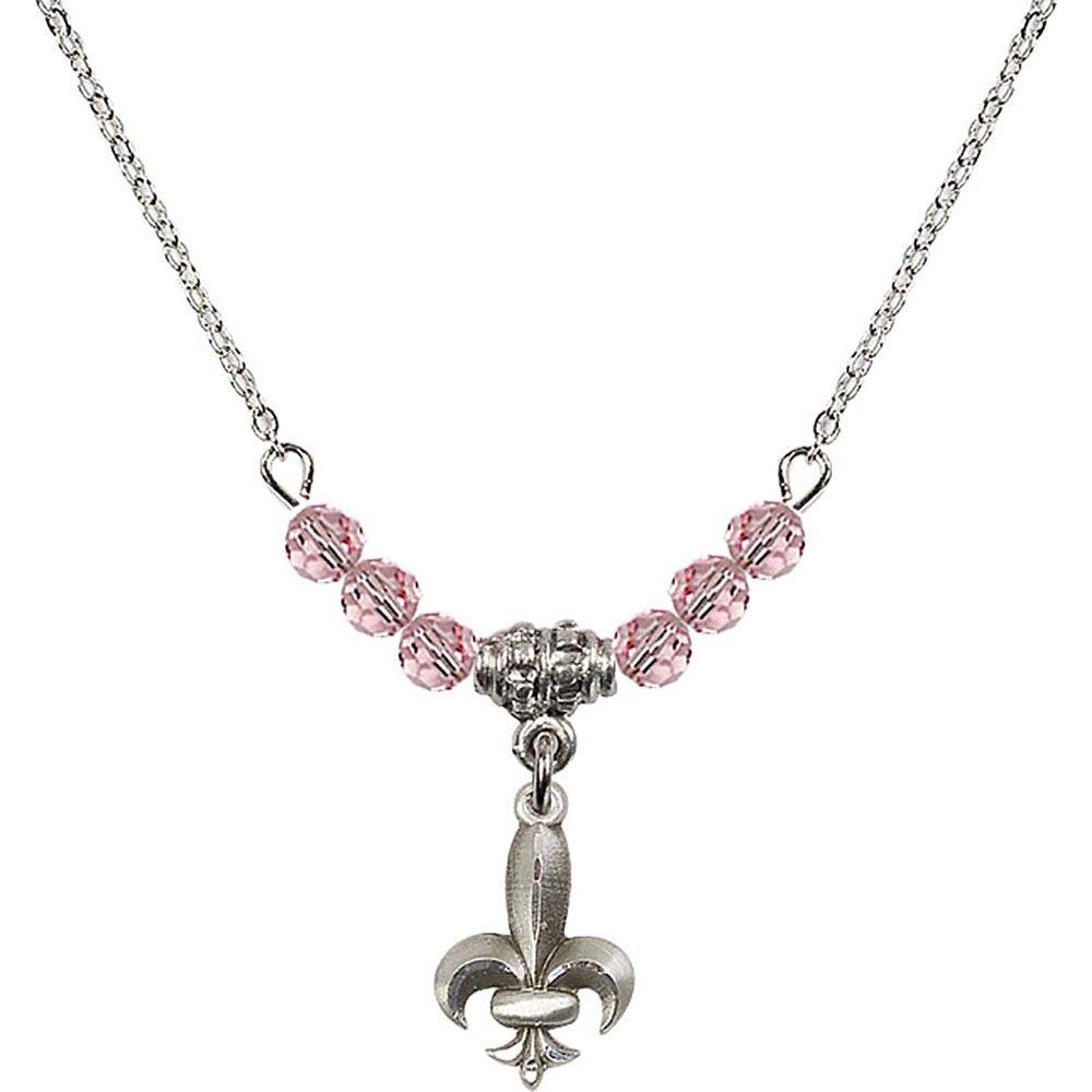 Sterling Silver Fleur de Lis Birthstone Necklace with Light Rose Beads - 0293