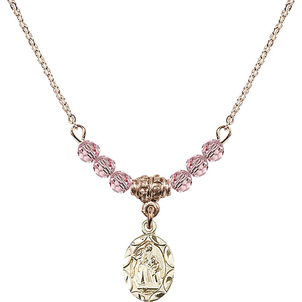 14kt Gold Filled Saint Ann Birthstone Necklace with Light Rose Beads - 0301