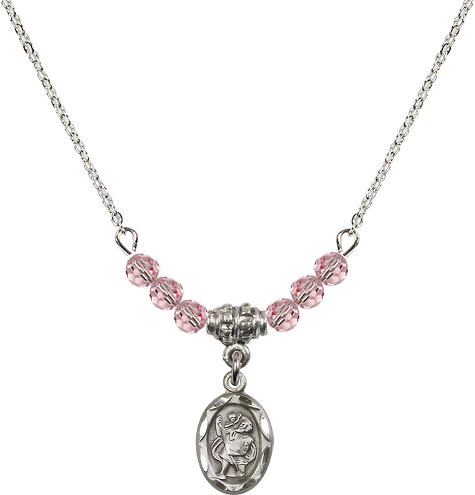Sterling Silver Saint Christopher Birthstone Necklace with Light Rose Beads - 0301