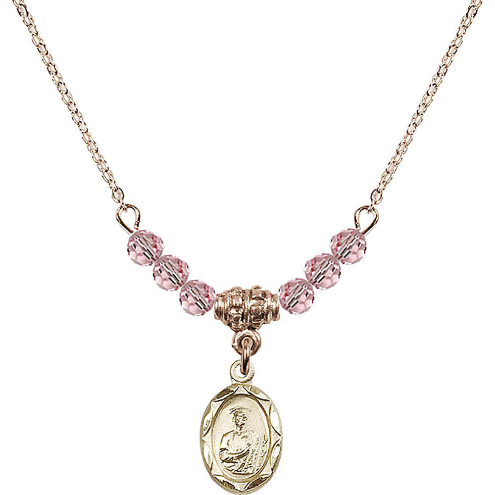 14kt Gold Filled Saint Jude Birthstone Necklace with Light Rose Beads - 0301