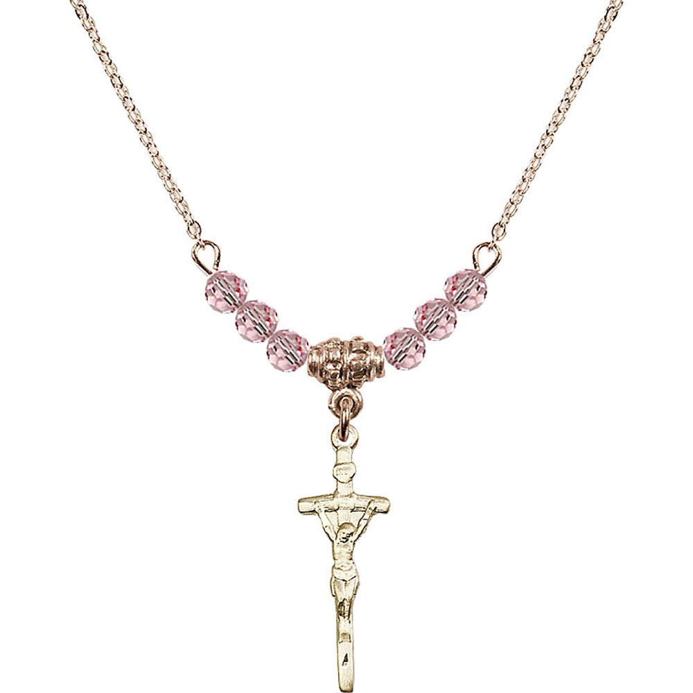 14kt Gold Filled Papal Crucifix Birthstone Necklace with Light Rose Beads - 0563