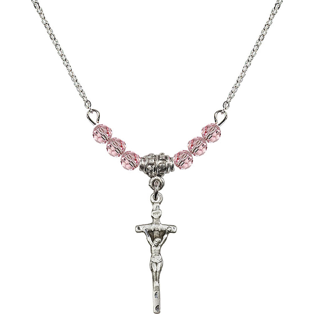 Sterling Silver Papal Crucifix Birthstone Necklace with Light Rose Beads - 0563