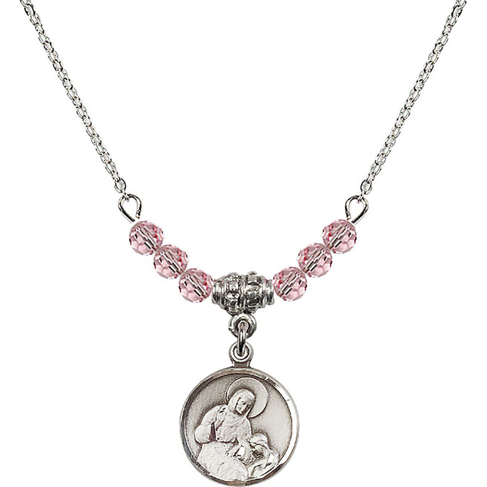 Sterling Silver Saint Ann Birthstone Necklace with Light Rose Beads - 0601