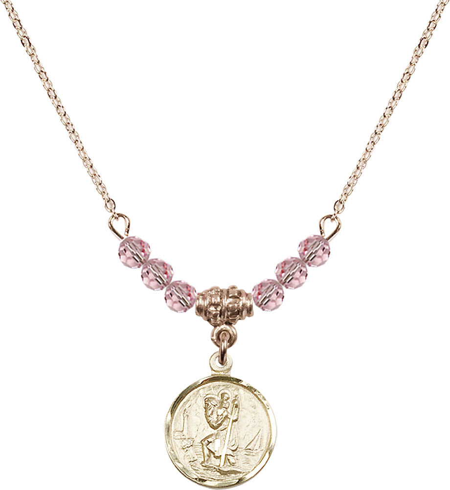 14kt Gold Filled Saint Christopher Birthstone Necklace with Light Rose Beads - 0601