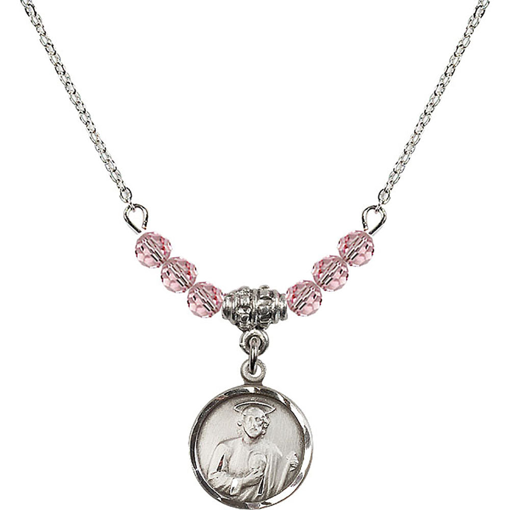 Sterling Silver Saint Jude Birthstone Necklace with Light Rose Beads - 0601