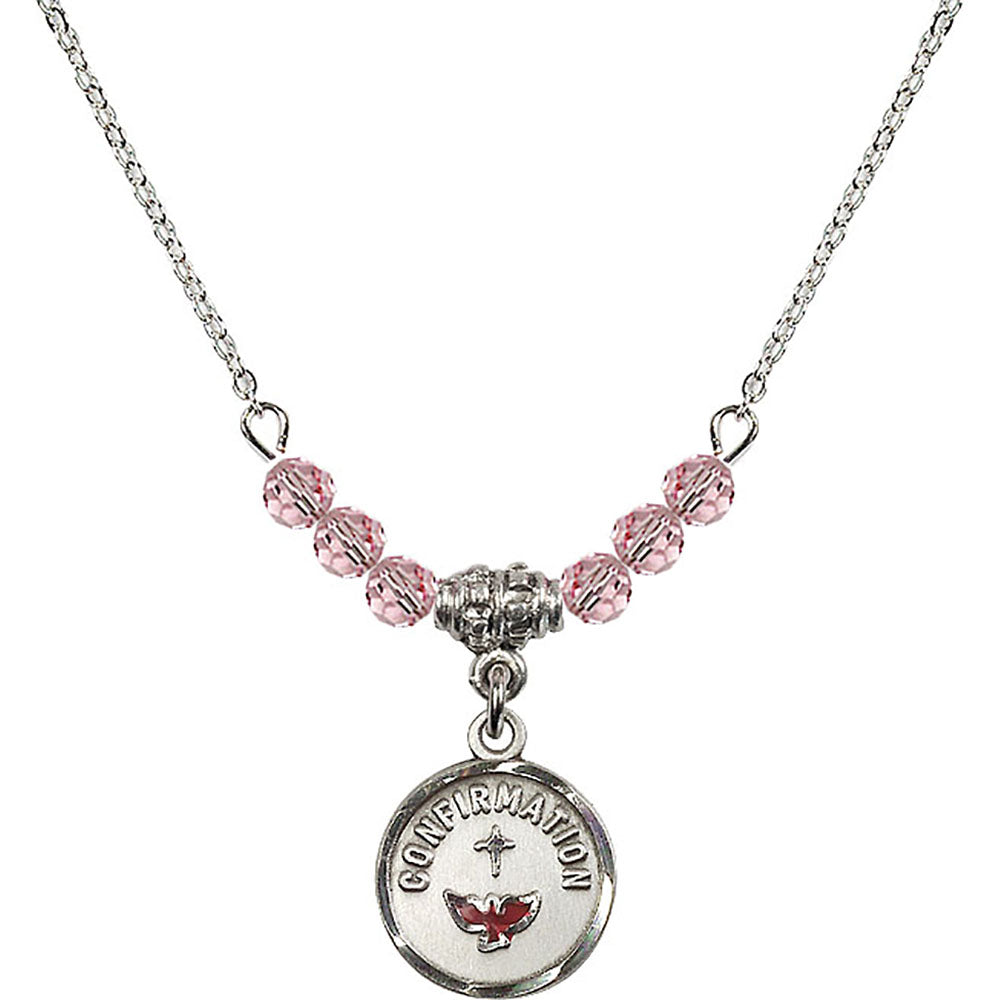 Sterling Silver Confirmation Birthstone Necklace with Light Rose Beads - 0601