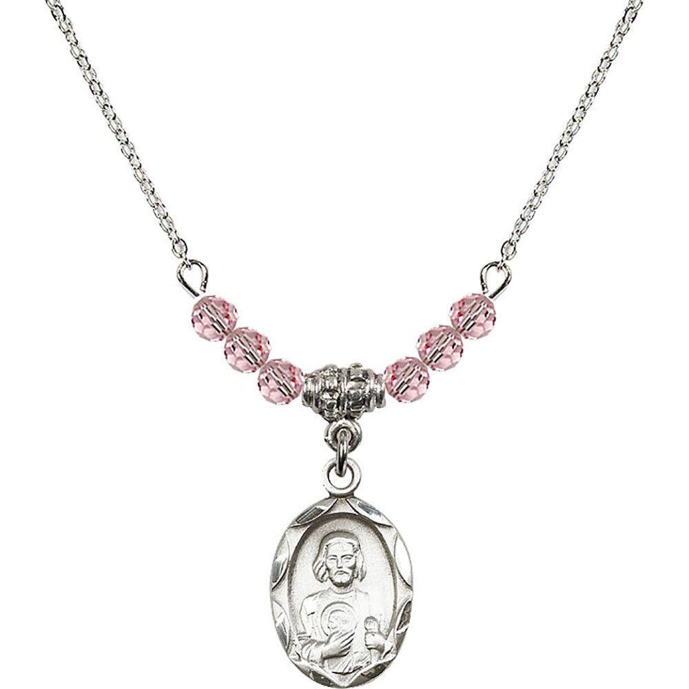 Sterling Silver Saint Jude Birthstone Necklace with Light Rose Beads - 0612