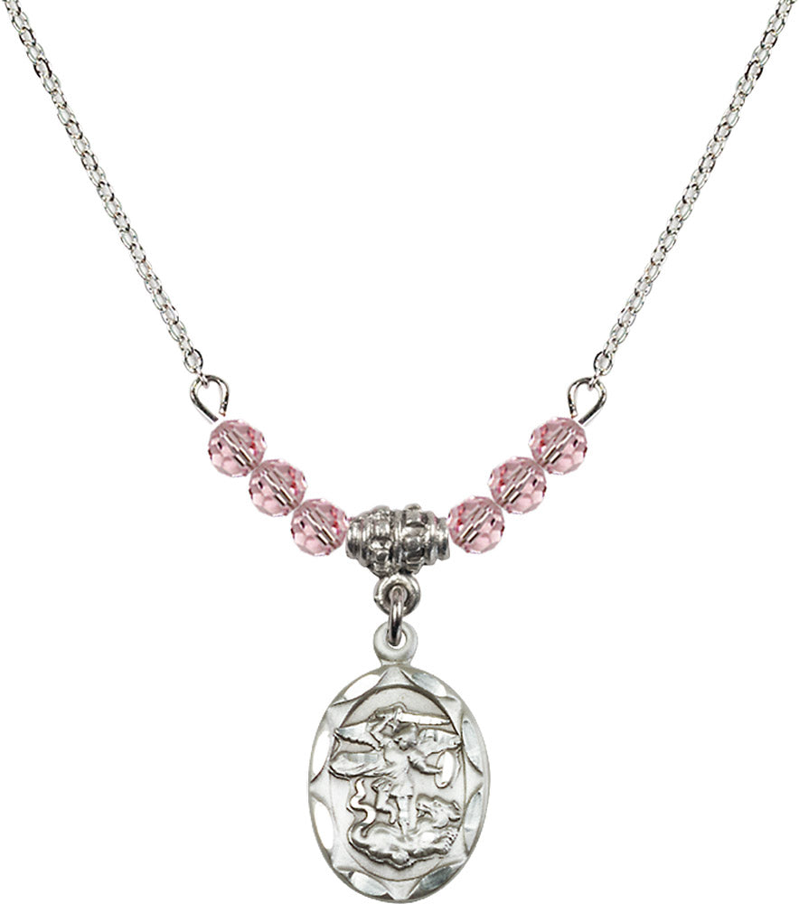 Sterling Silver Saint Michael the Archangel Birthstone Necklace with Light Rose Beads - 0612