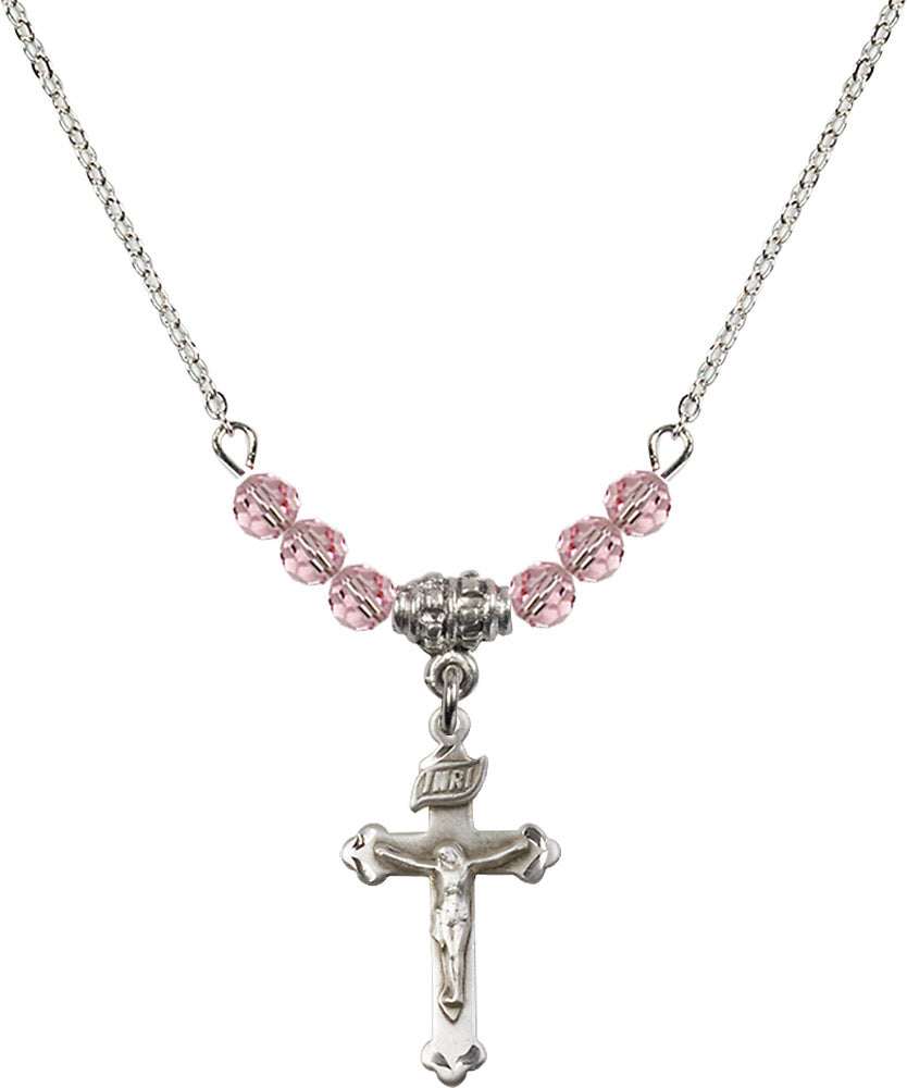 Sterling Silver Crucifix Birthstone Necklace with Light Rose Beads - 0669