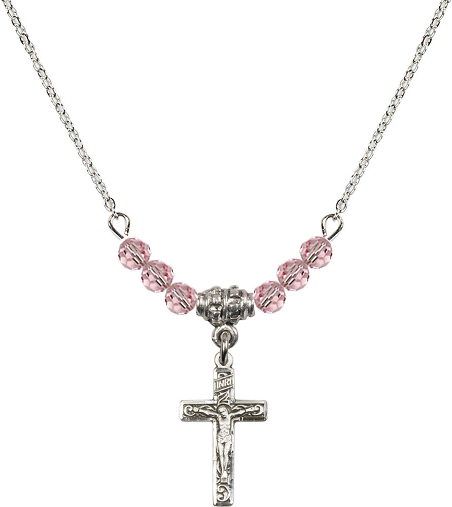 Sterling Silver Crucifix Birthstone Necklace with Light Rose Beads - 0672