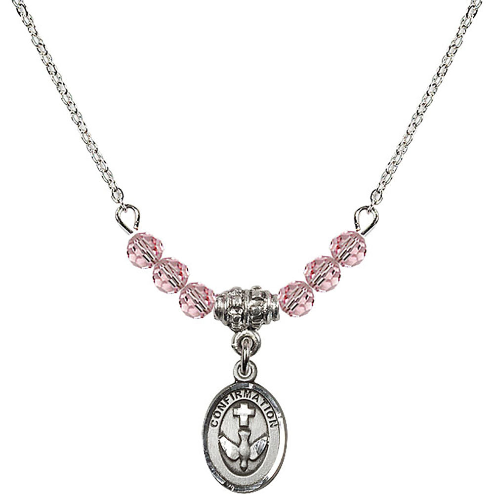 Sterling Silver Confirmation Birthstone Necklace with Light Rose Beads - 0973