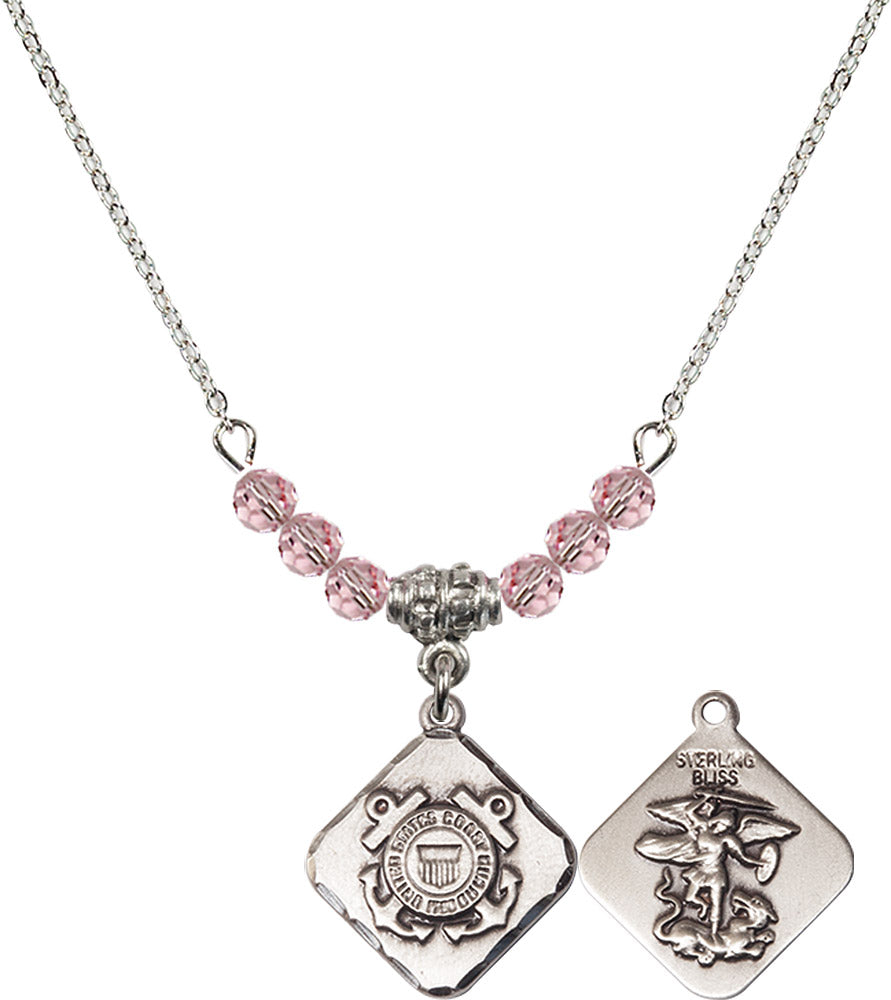 Sterling Silver Coast Guard Diamond Birthstone Necklace with Light Rose Beads - 1180