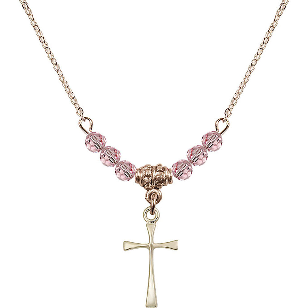 14kt Gold Filled Maltese Cross Birthstone Necklace with Light Rose Beads - 1872