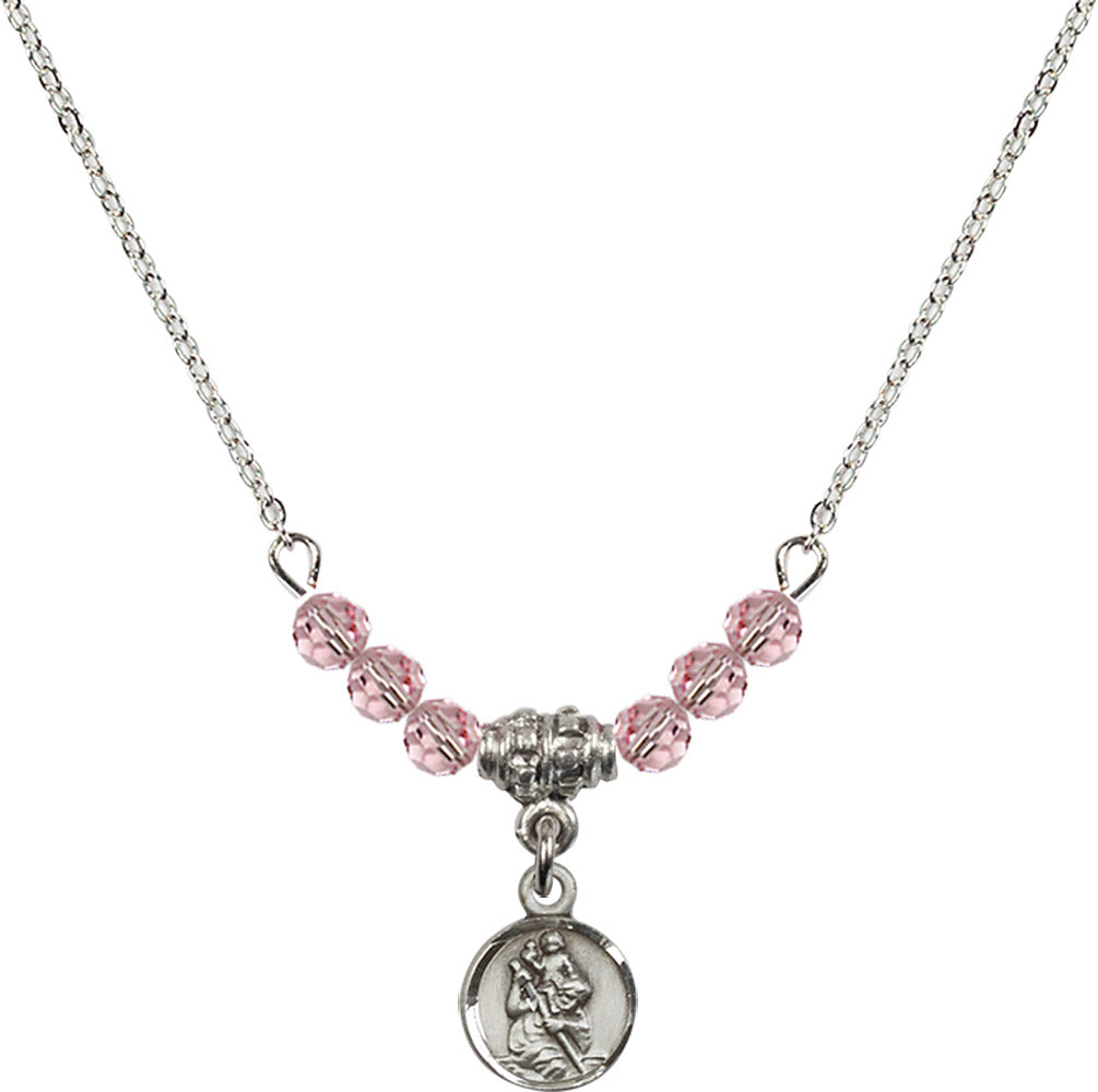 Sterling Silver Saint Christopher Birthstone Necklace with Light Rose Beads - 2343