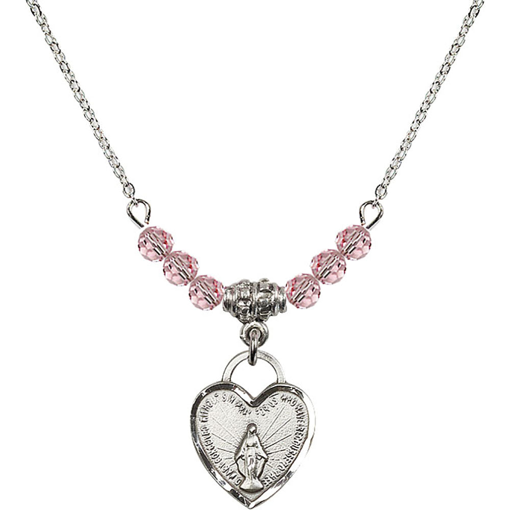 Sterling Silver Miraculous Heart Birthstone Necklace with Light Rose Beads - 3401