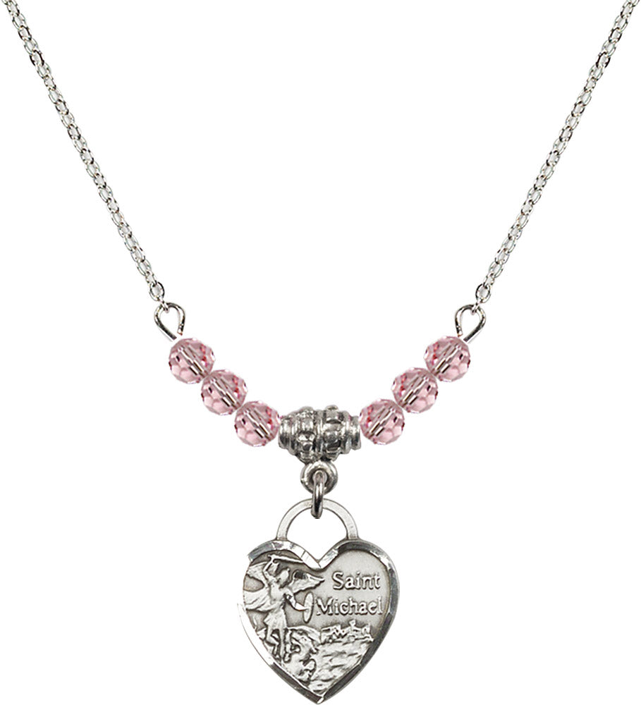 Sterling Silver Saint Michael Heart Birthstone Necklace with Light Rose Beads - 3403