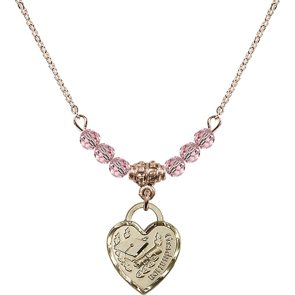 14kt Gold Filled Graduation Heart Birthstone Necklace with Light Rose Beads - 3406