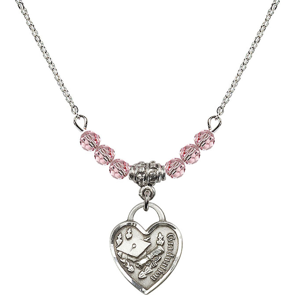 Sterling Silver Graduation Heart Birthstone Necklace with Light Rose Beads - 3406