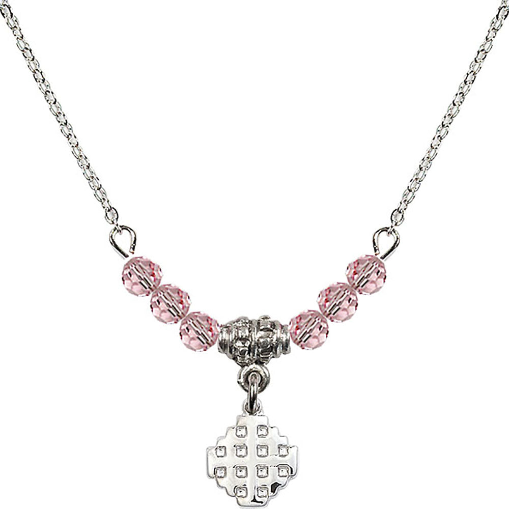 Sterling Silver Jerusalem Cross Birthstone Necklace with Light Rose Beads - 4118