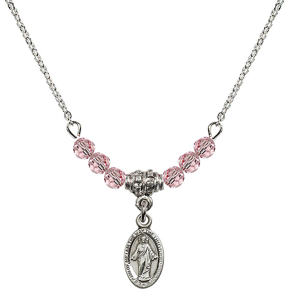Sterling Silver Scapular Birthstone Necklace with Light Rose Beads - 4121