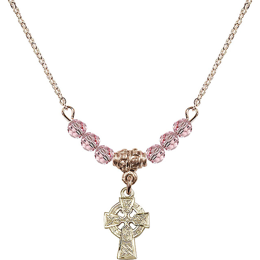 14kt Gold Filled Celtic Cross Birthstone Necklace with Light Rose Beads - 4133