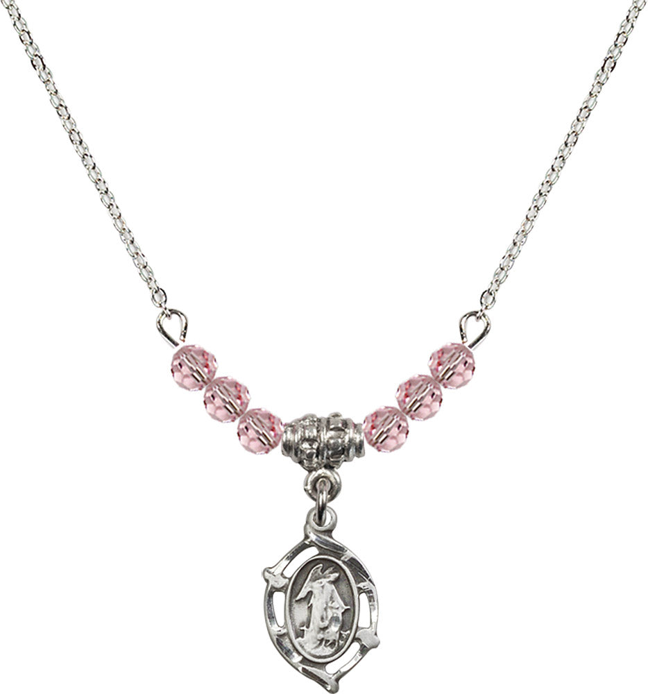 Sterling Silver Guardian Angel Birthstone Necklace with Light Rose Beads - 4154