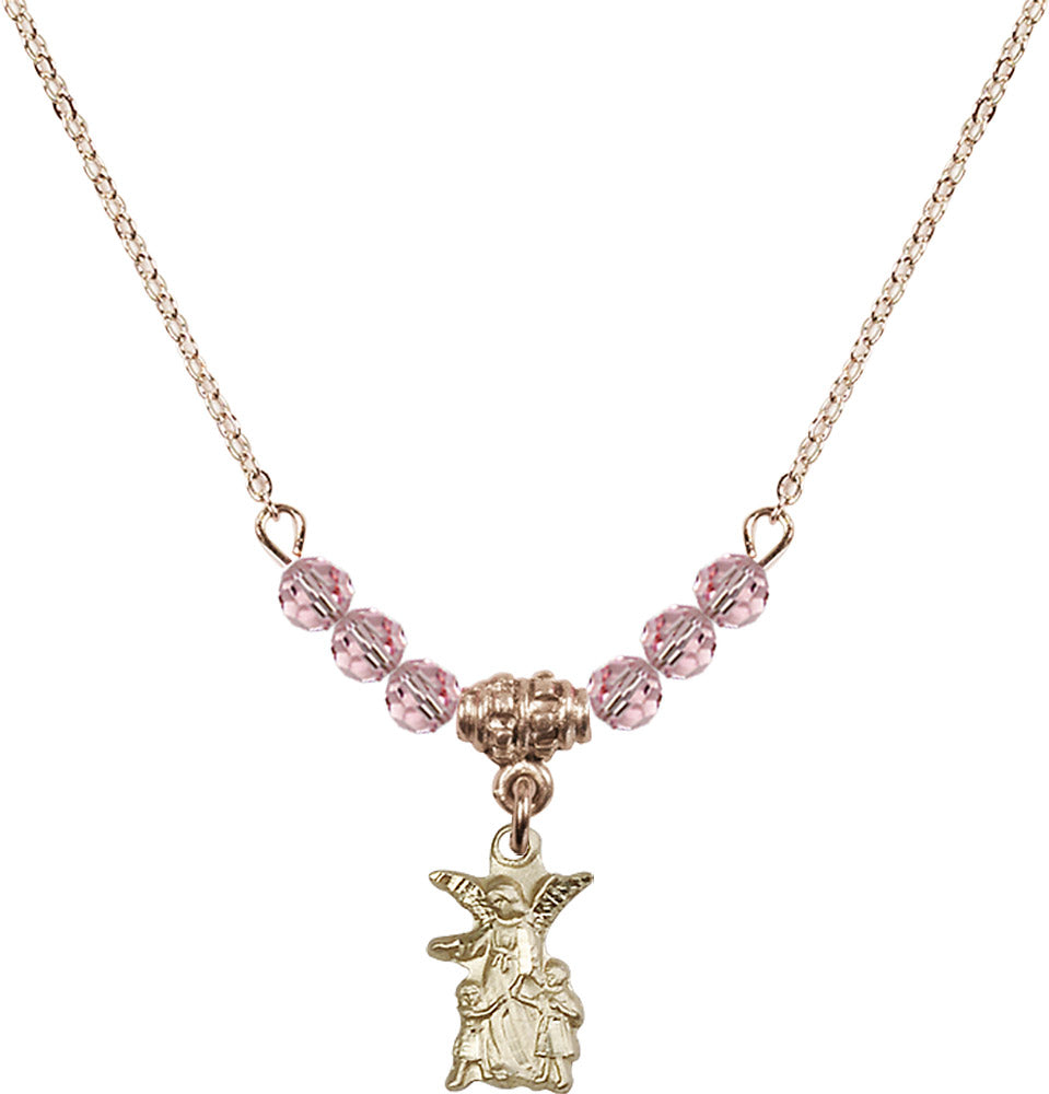 14kt Gold Filled Guardian Angel Birthstone Necklace with Light Rose Beads - 4253