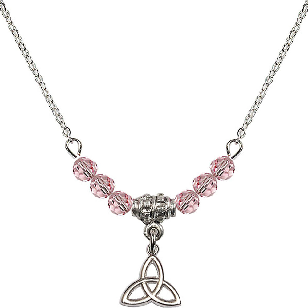 Sterling Silver Trinity Irish Knot Birthstone Necklace with Light Rose Beads - 5100