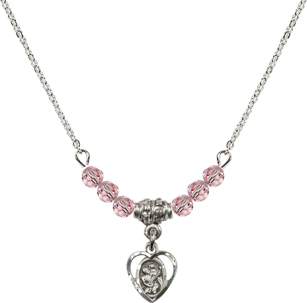Sterling Silver Saint Christopher Birthstone Necklace with Light Rose Beads - 5403
