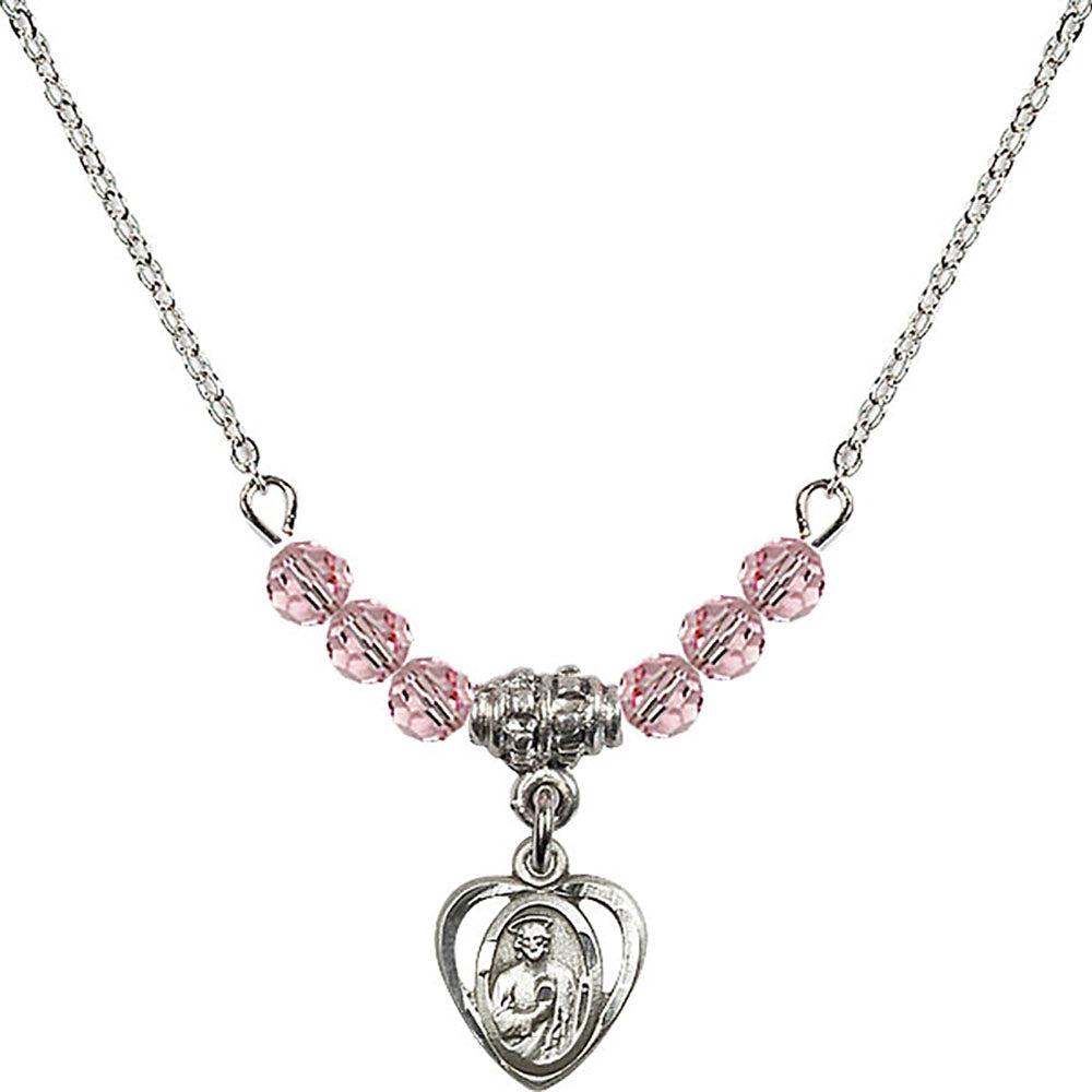 Sterling Silver Saint Jude Birthstone Necklace with Light Rose Beads - 5404