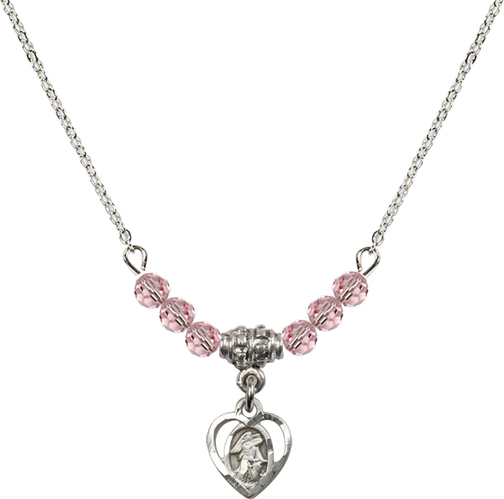 Sterling Silver Guardian Angel Birthstone Necklace with Light Rose Beads - 5407