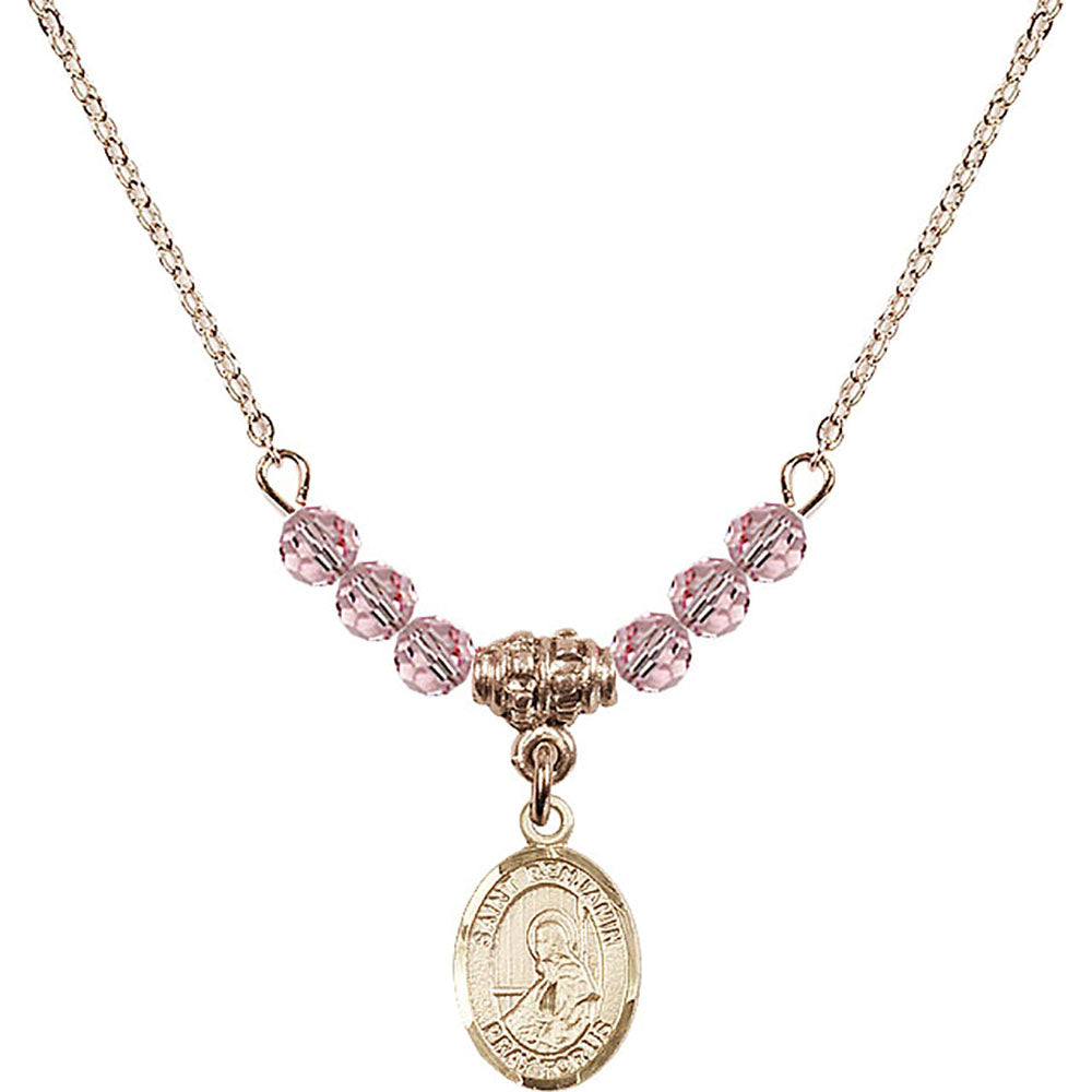 14kt Gold Filled Saint Benjamin Birthstone Necklace with Light Rose Beads - 9013